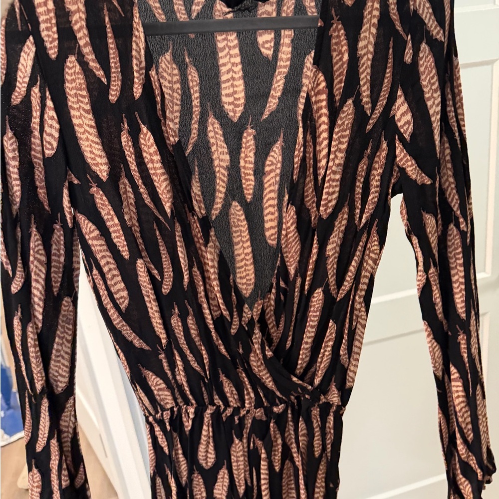 Blue Life Black and Brown Feather Print Dress